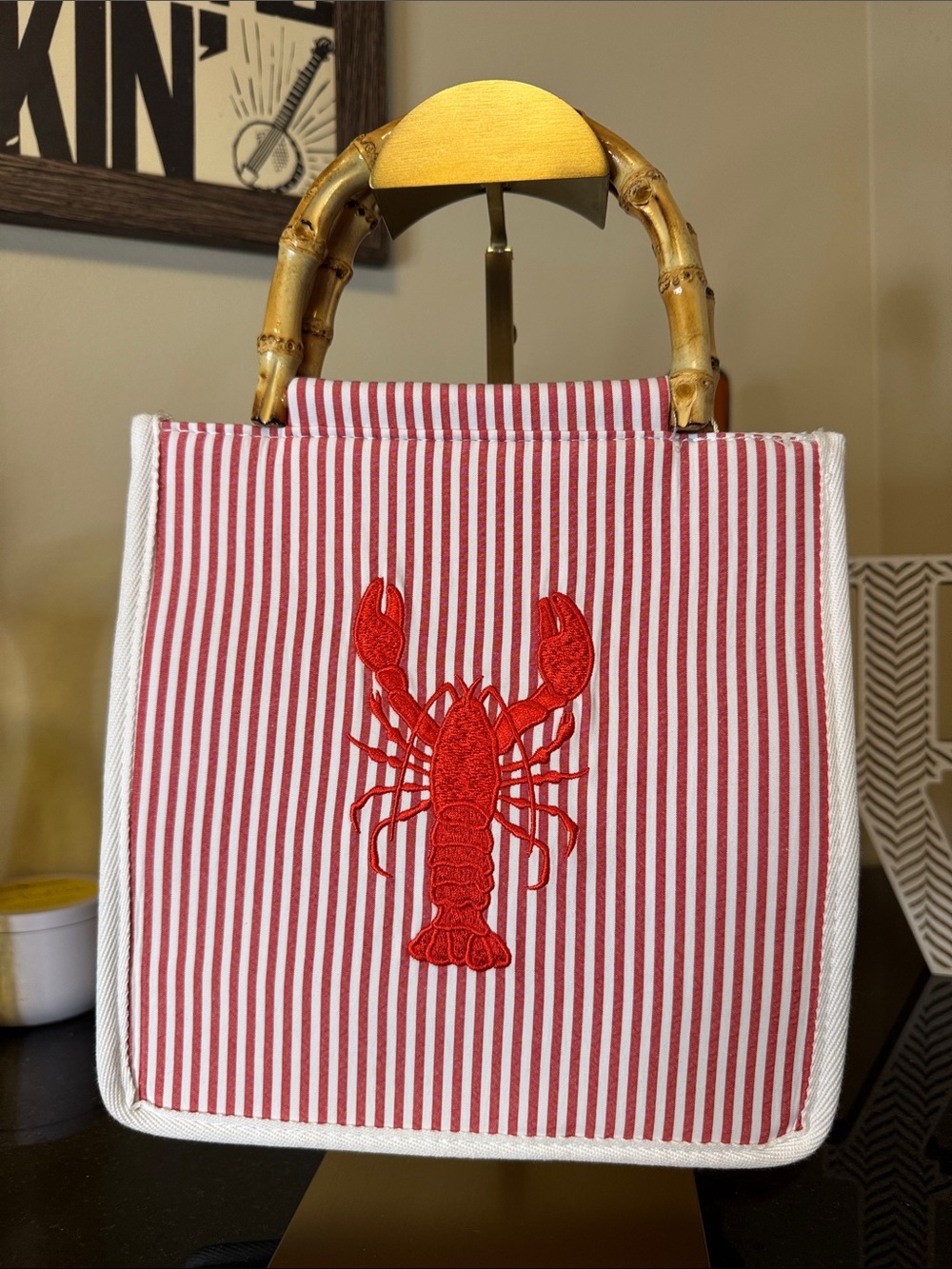 Tommy Bahama Viral Red and White Striped Tote with Lobster Embroidery